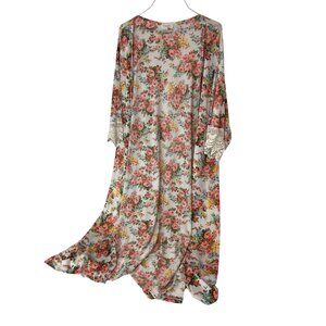 B.E. Stage USA floral Duster Cardigan Side Slits Lace Sleeve Detail Large